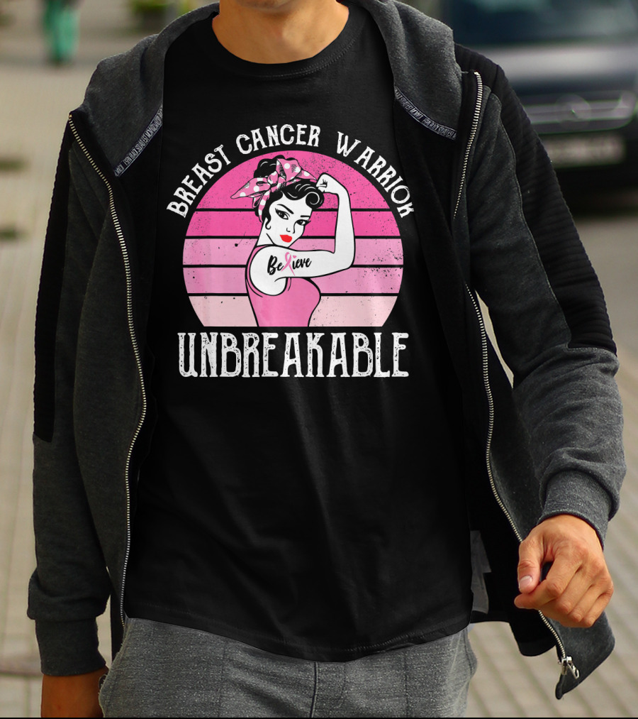 Breast Cancer Warrior Believe Unbreakable Retro Sunset T-Shirt