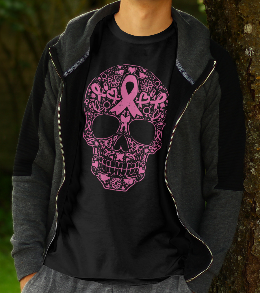 Sugar Skull Pink Ribbon Breast Cancer Awareness Calavera T-Shirt