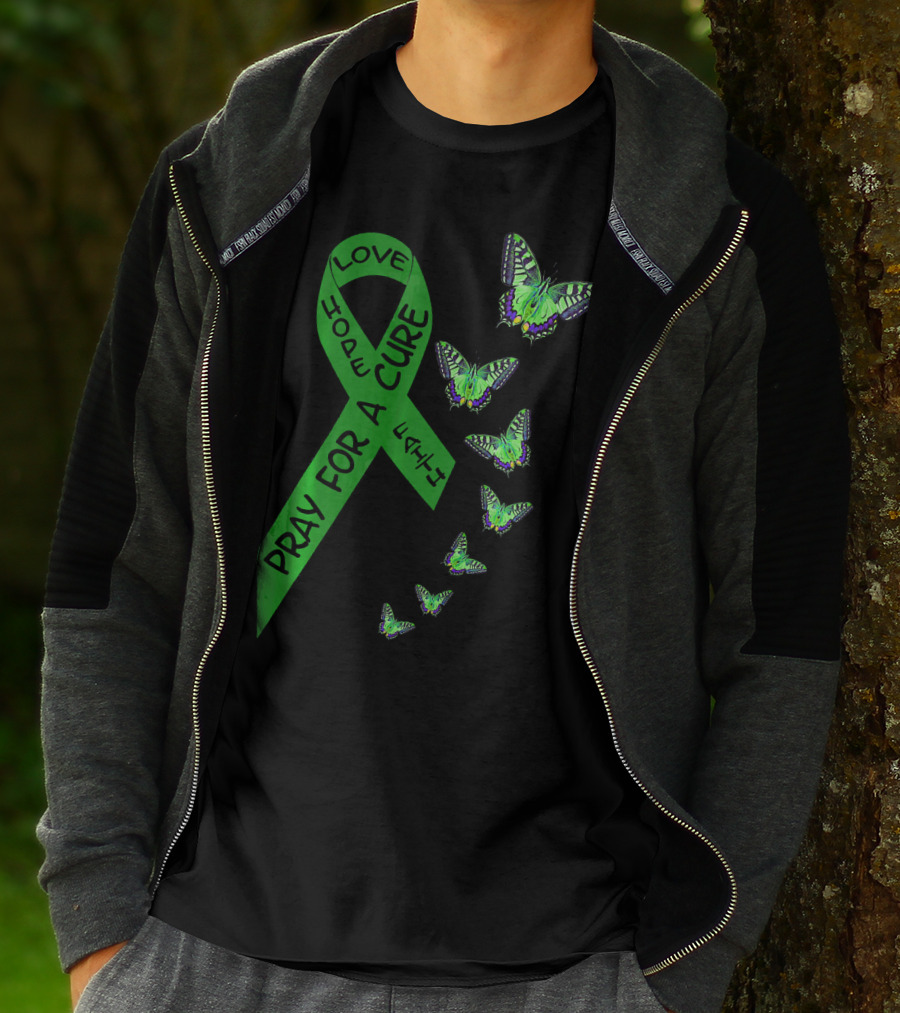 Liver Cancer Awareness Green Ribbon Pray For A Cure Hope Faith Love Butterflies T-Shirt