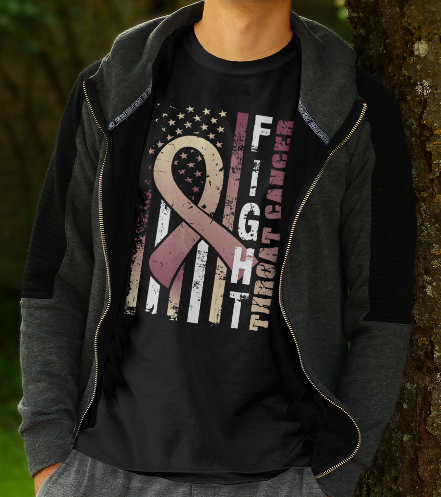 Fight Throat Cancer Awareness Ribbon American Flag T-Shirt