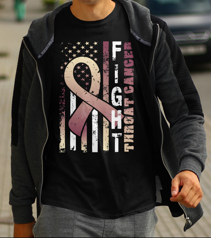 Fight Throat Cancer Awareness Ribbon American Flag T-Shirt