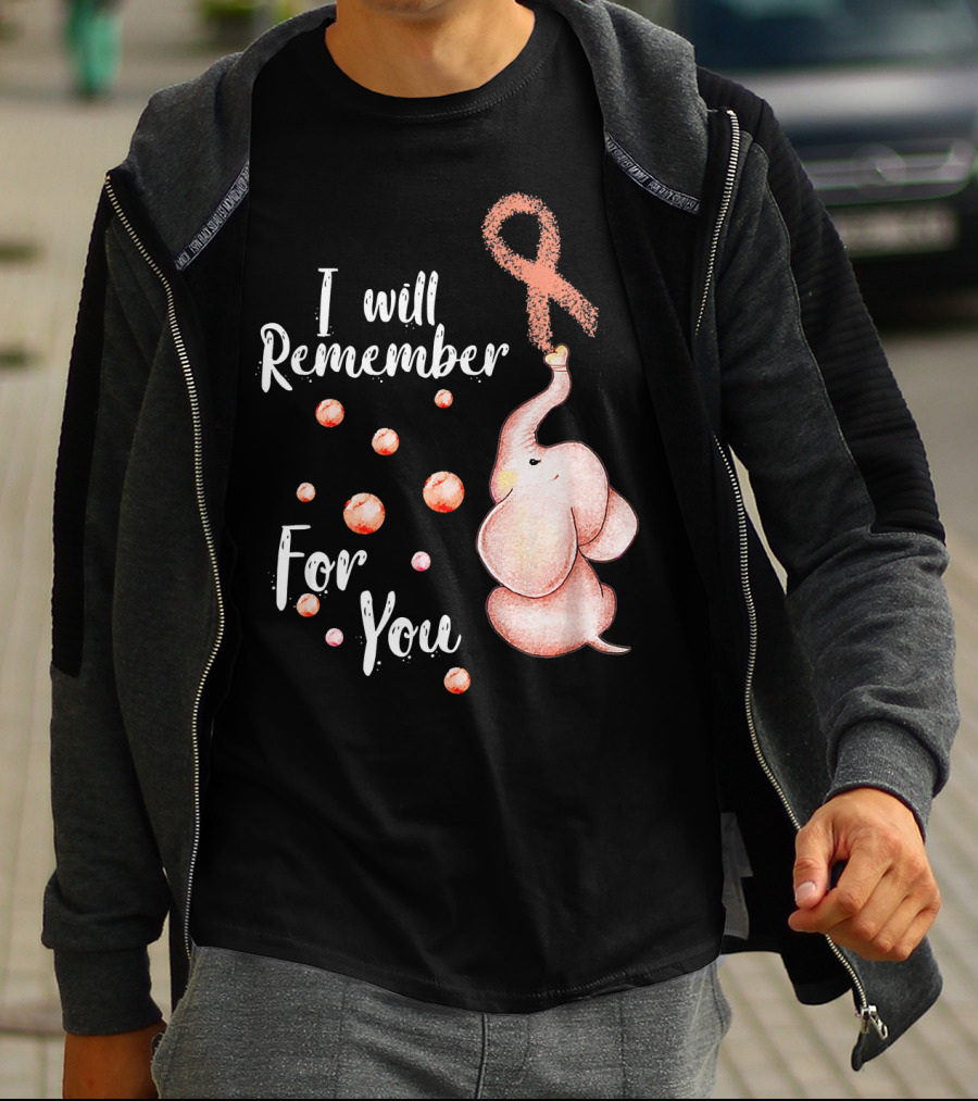 I Will Remember For You Elephant With Pink Ribbon And Bubbles T-Shirt