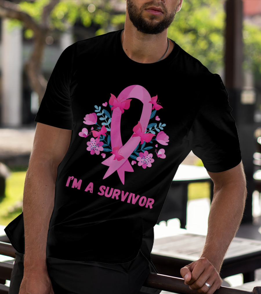 I'm A Survivor Pink Ribbon Butterfly Floral Breast Cancer T-Shirt