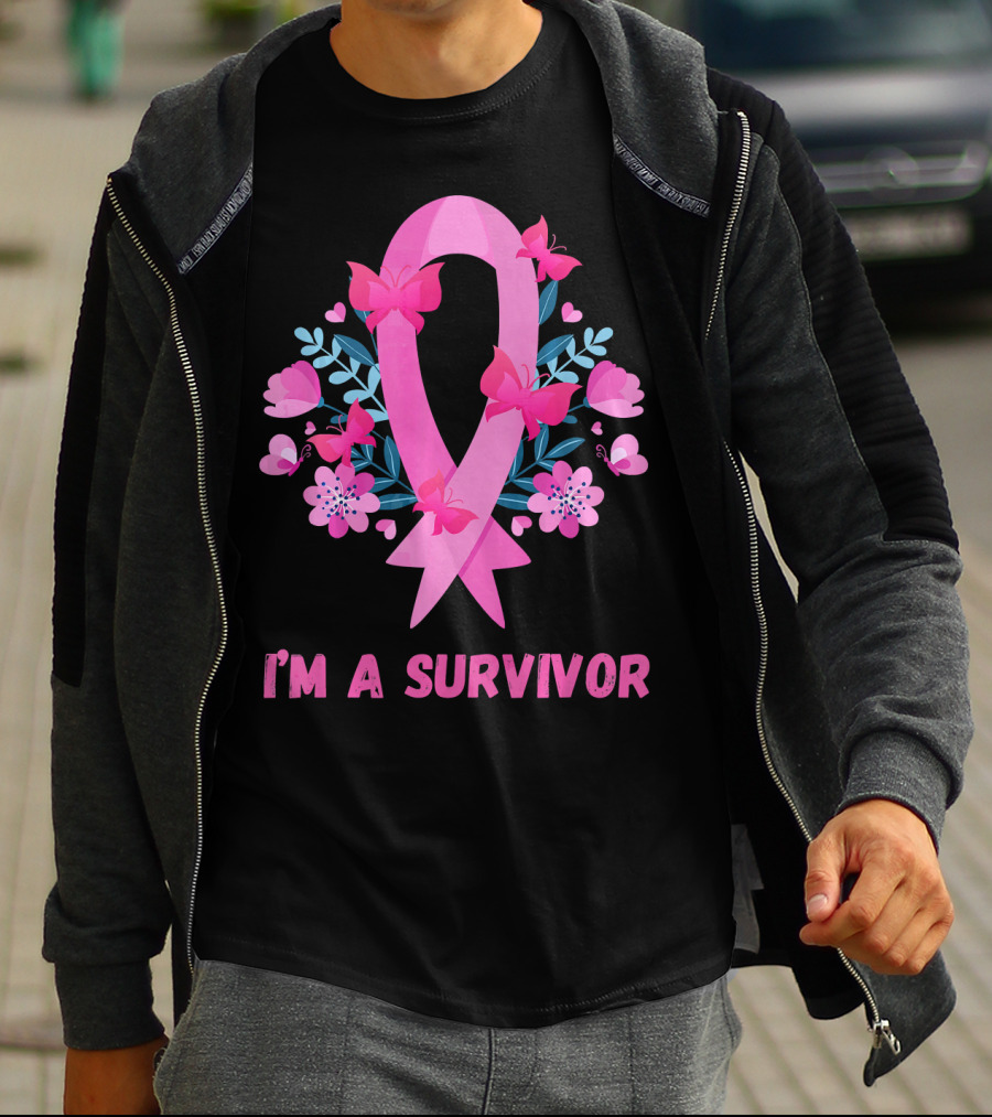 I'm A Survivor Pink Ribbon Butterfly Floral Breast Cancer T-Shirt