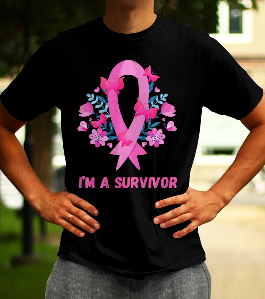 I'm A Survivor Pink Ribbon Butterfly Floral Breast Cancer T-Shirt