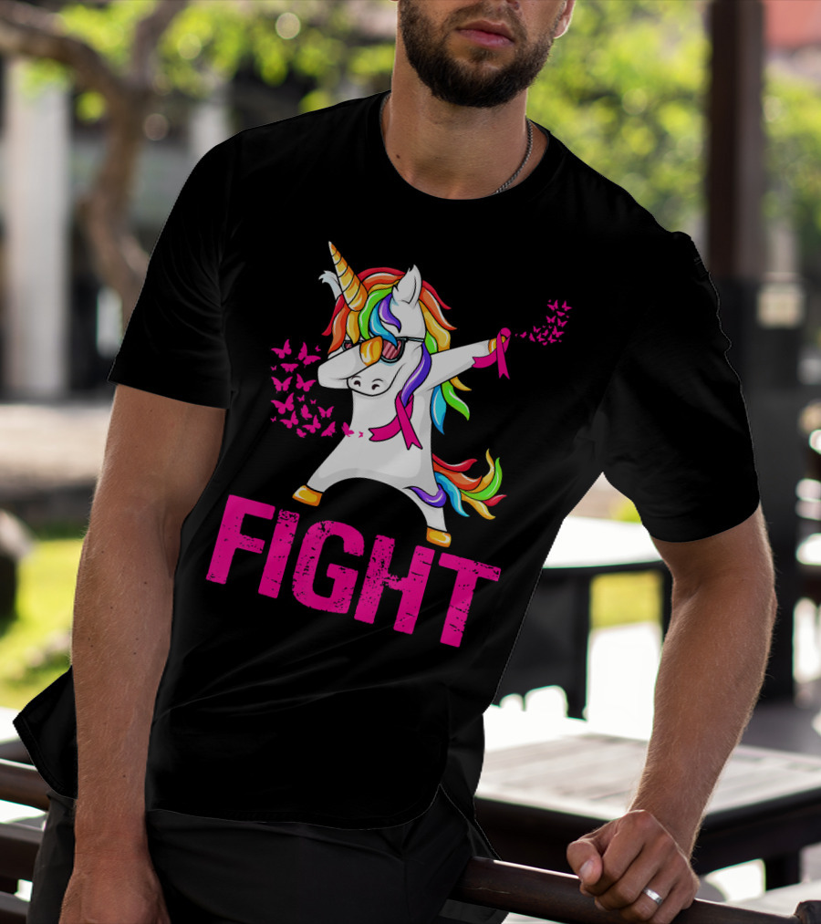 Fight Breast Cancer Awareness Unicorn Dabbing With Rainbow Mane And Butterflies T-Shirt