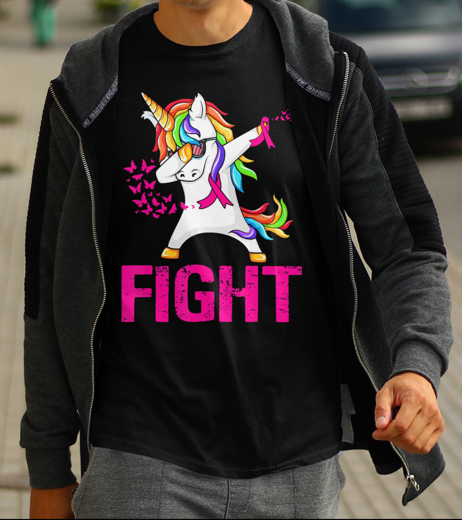 Fight Breast Cancer Awareness Unicorn Dabbing With Rainbow Mane And Butterflies T-Shirt