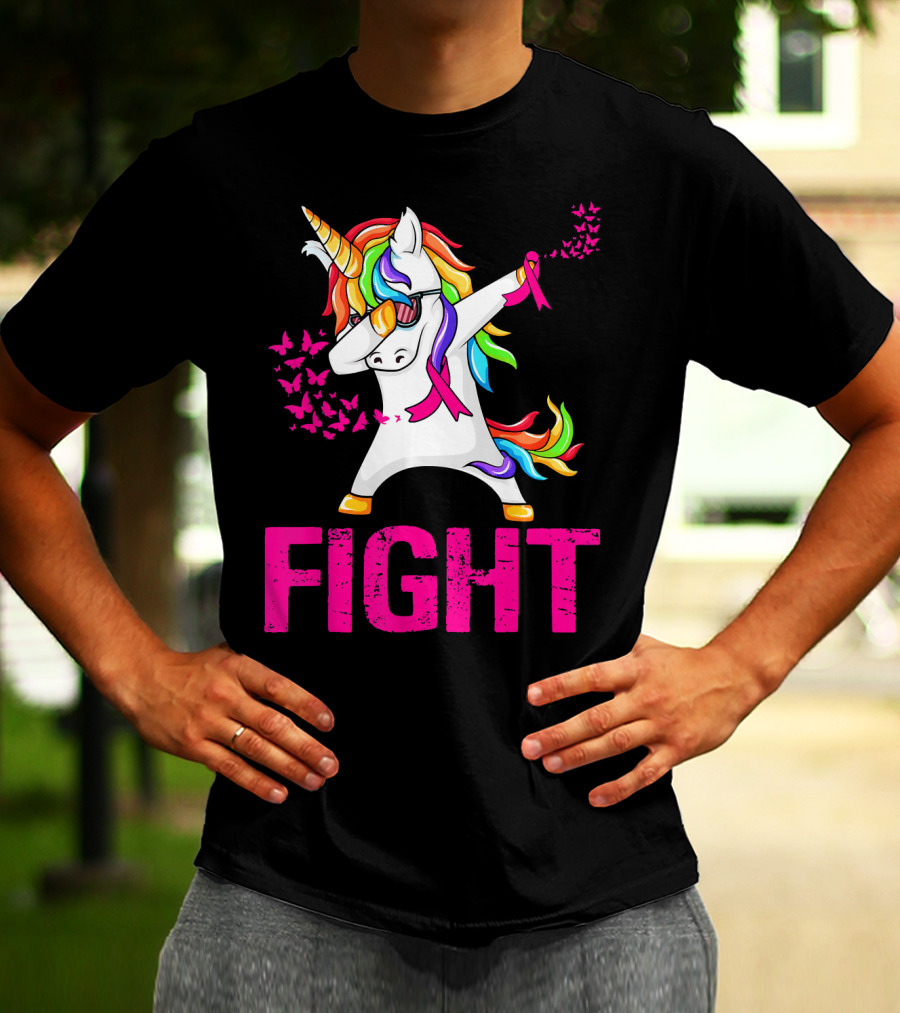 Fight Breast Cancer Awareness Unicorn Dabbing With Rainbow Mane And Butterflies T-Shirt
