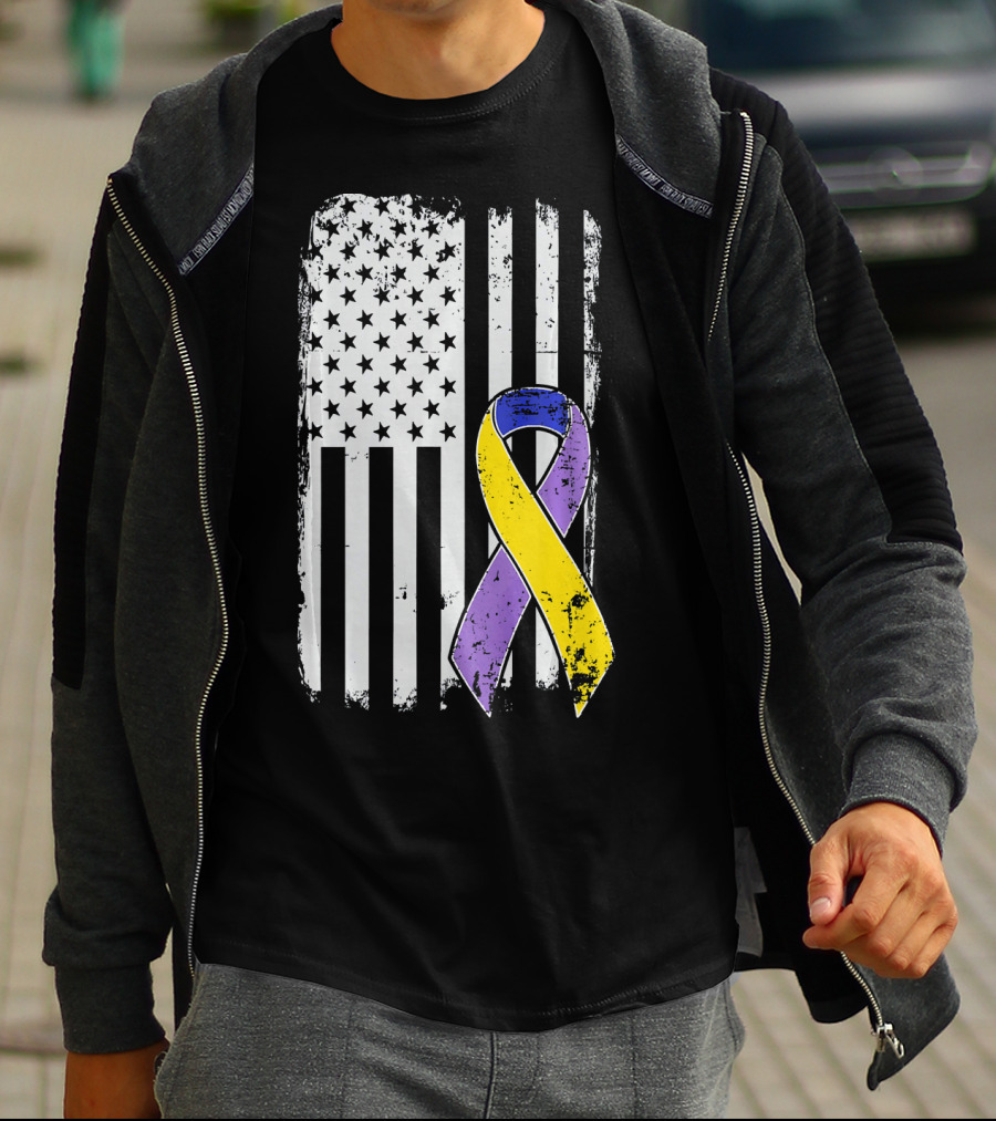 Bladder Cancer Awareness Distressed American Flag Purple Gold T-Shirt
