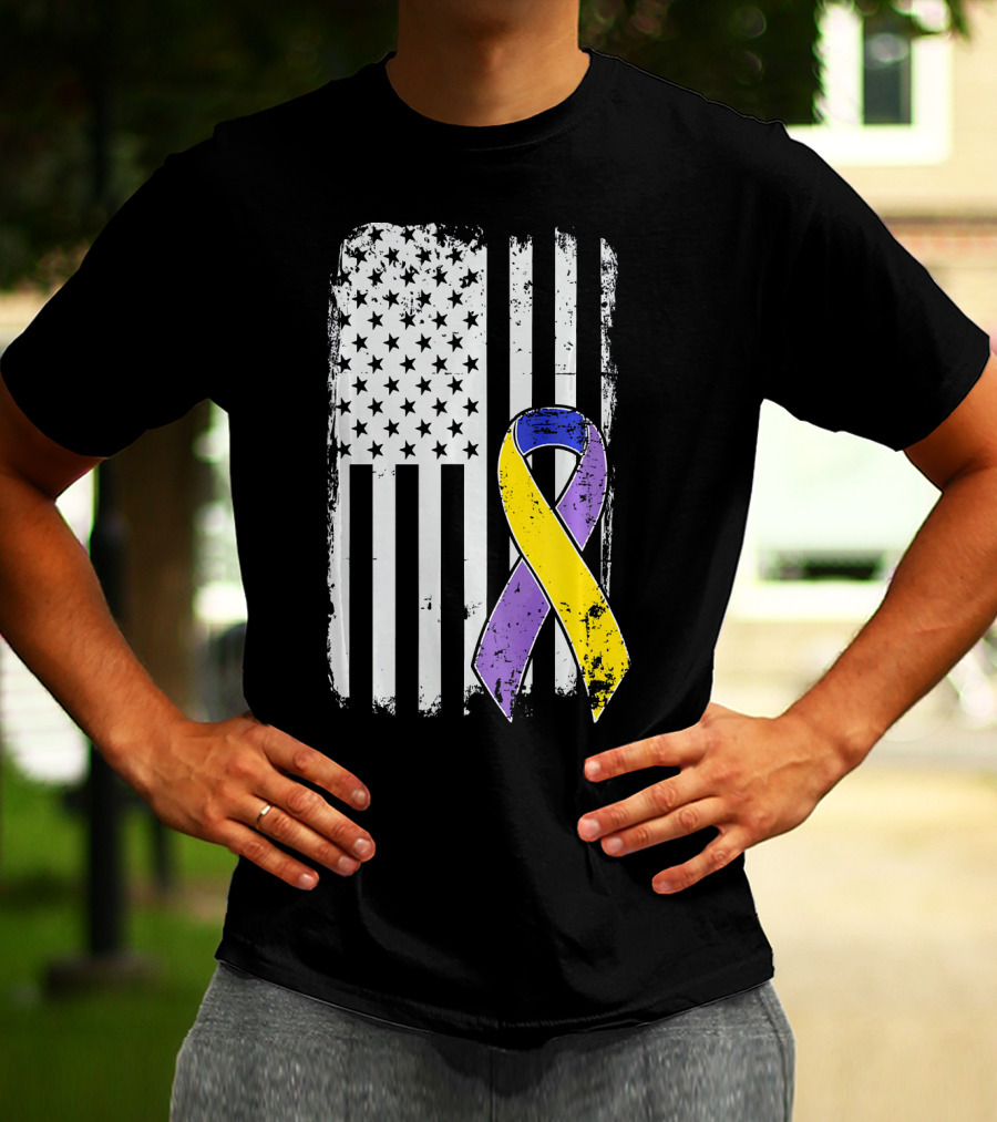 Bladder Cancer Awareness Distressed American Flag Purple Gold T-Shirt
