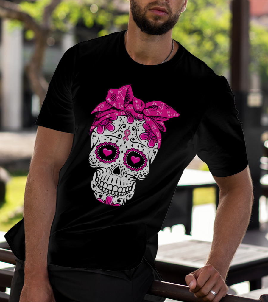 Sugar Skull With Pink Bow And Breast Cancer T-Shirt