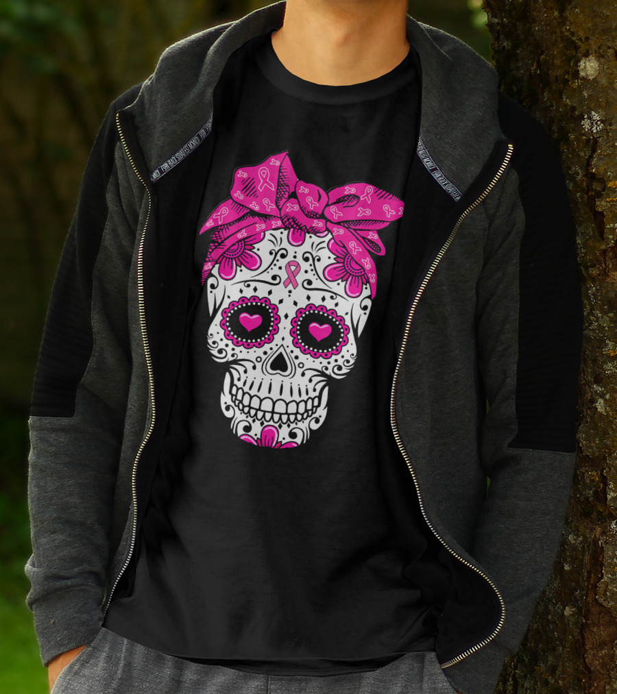 Sugar Skull With Pink Bow And Breast Cancer T-Shirt