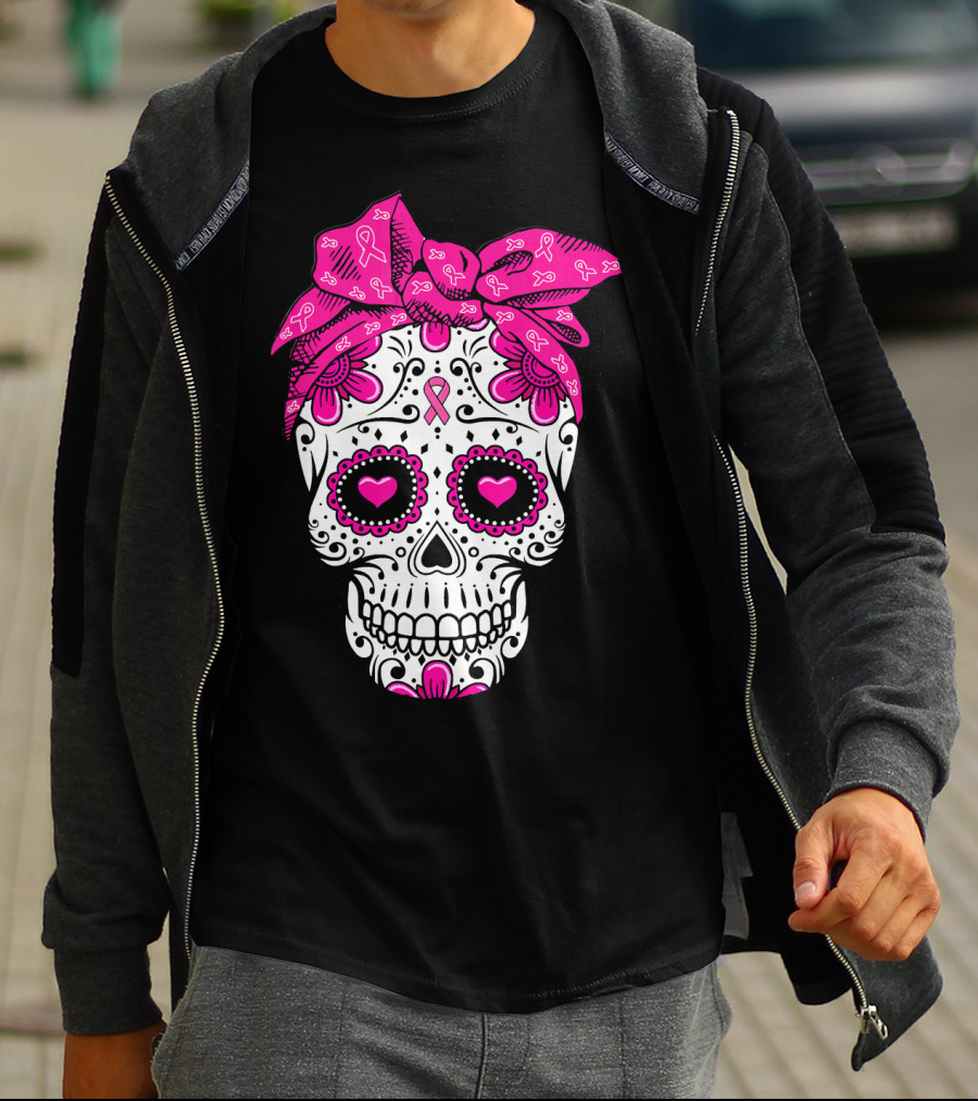 Sugar Skull With Pink Bow And Breast Cancer T-Shirt