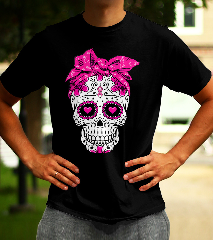 Sugar Skull With Pink Bow And Breast Cancer T-Shirt
