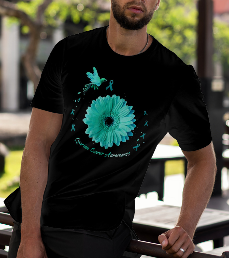 Teal Daisy Bird Ribbon Ovarian Cancer Awareness T-Shirt