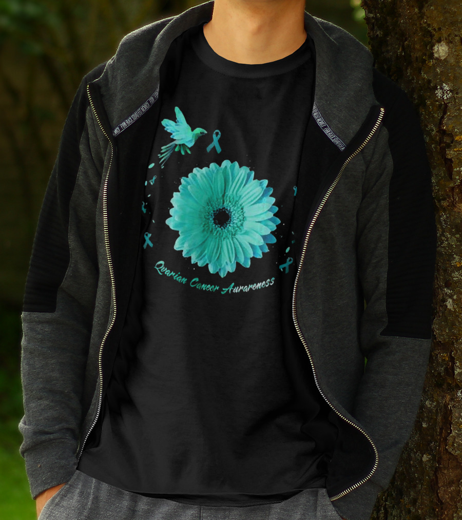 Teal Daisy Bird Ribbon Ovarian Cancer Awareness T-Shirt