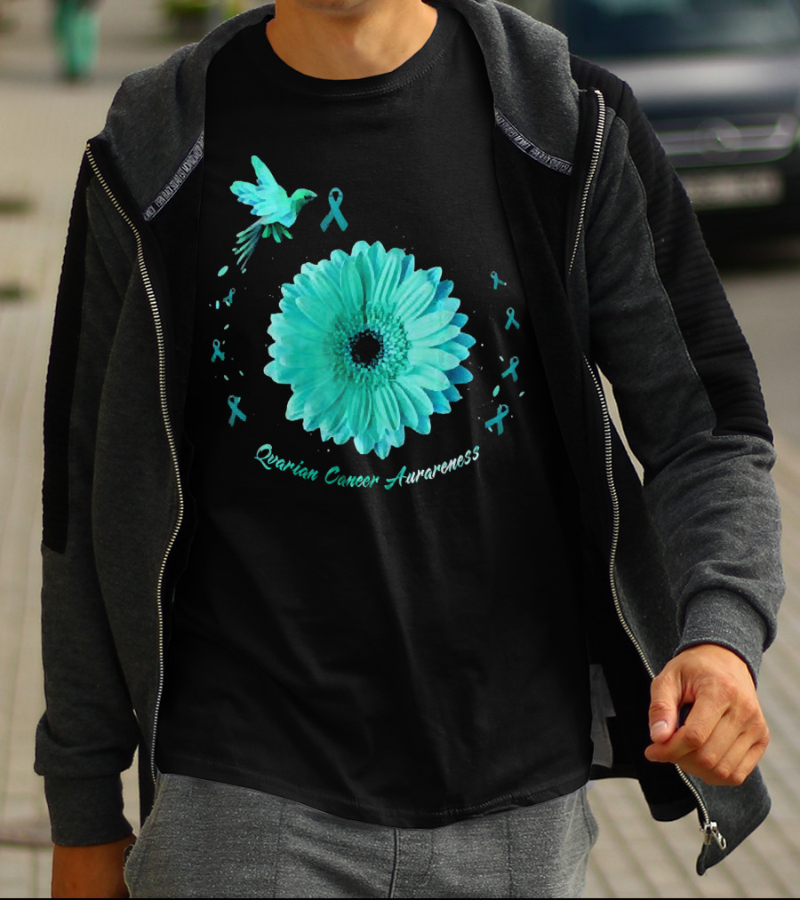 Teal Daisy Bird Ribbon Ovarian Cancer Awareness T-Shirt