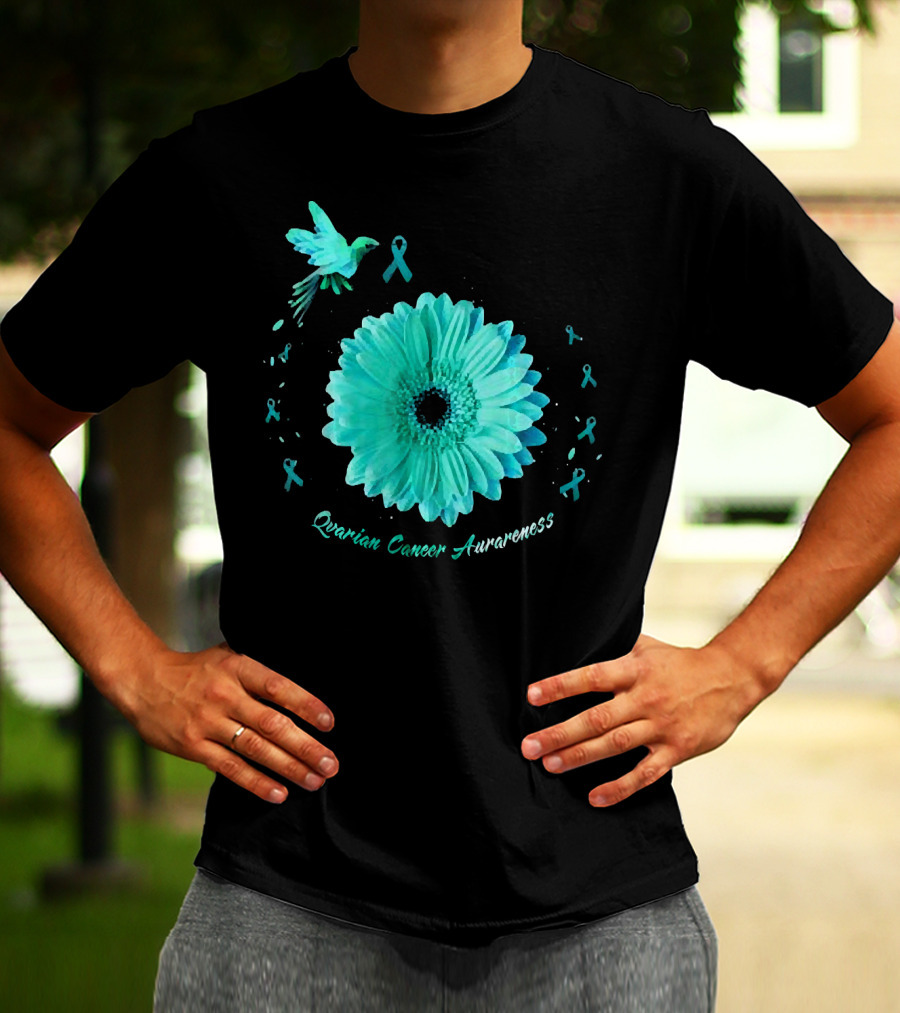Teal Daisy Bird Ribbon Ovarian Cancer Awareness T-Shirt