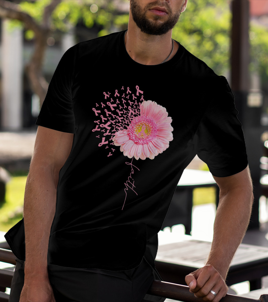 Faith Pink Ribbon Daisy Flower Breast Cancer Awareness T-Shirt