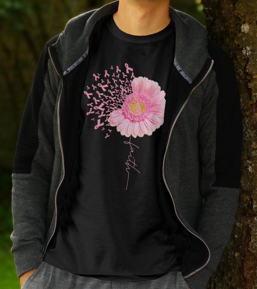 Faith Pink Ribbon Daisy Flower Breast Cancer Awareness T-Shirt