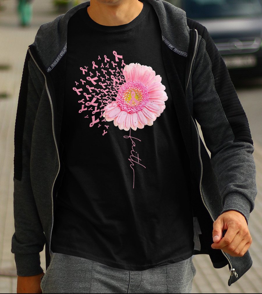 Faith Pink Ribbon Daisy Flower Breast Cancer Awareness T-Shirt