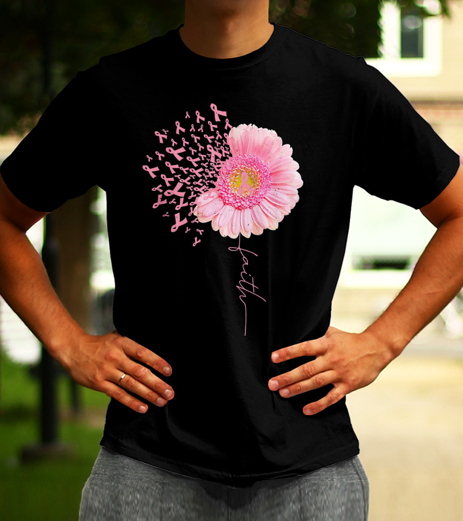 Faith Pink Ribbon Daisy Flower Breast Cancer Awareness T-Shirt