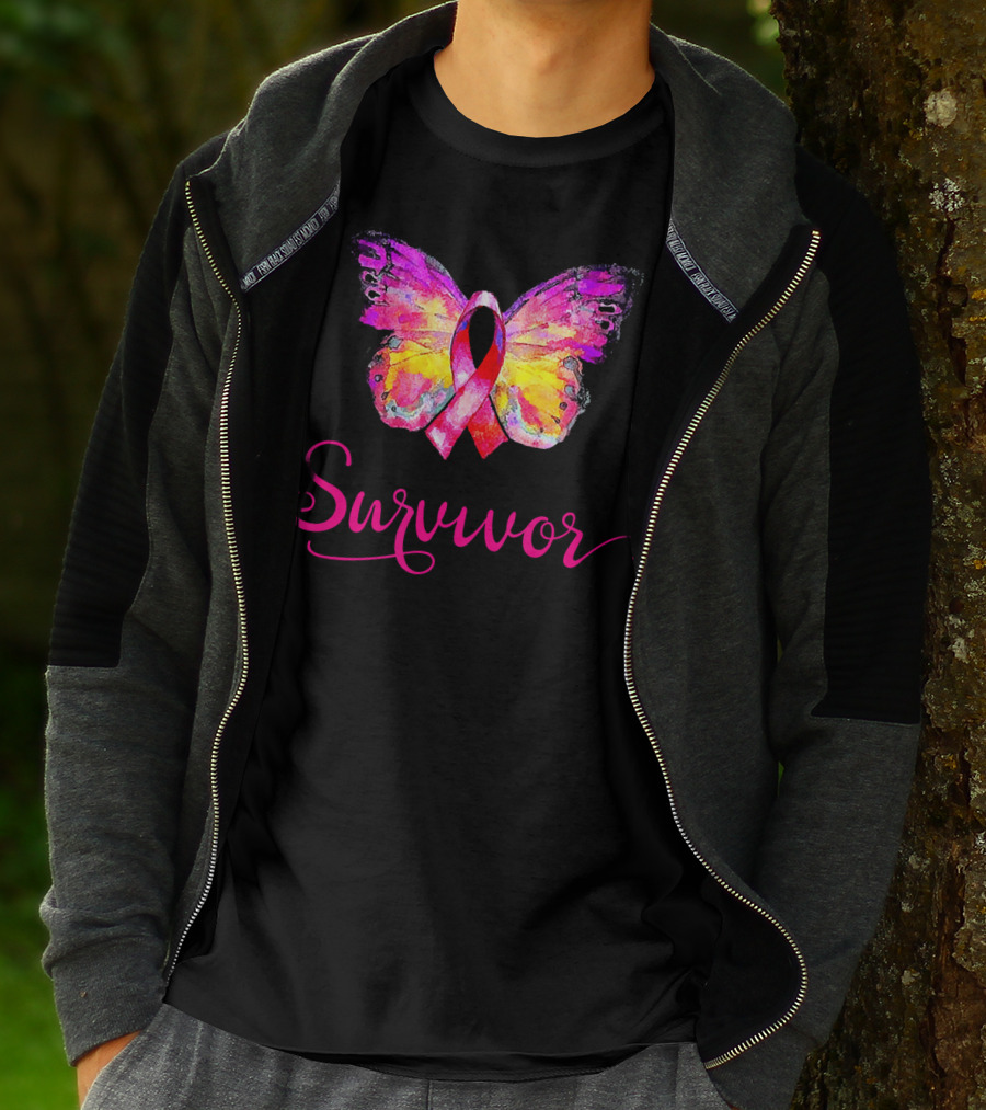 Survivor Butterfly Pink Ribbon Breast Cancer Awareness T-Shirt