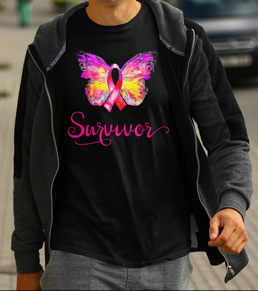 Survivor Butterfly Pink Ribbon Breast Cancer Awareness T-Shirt