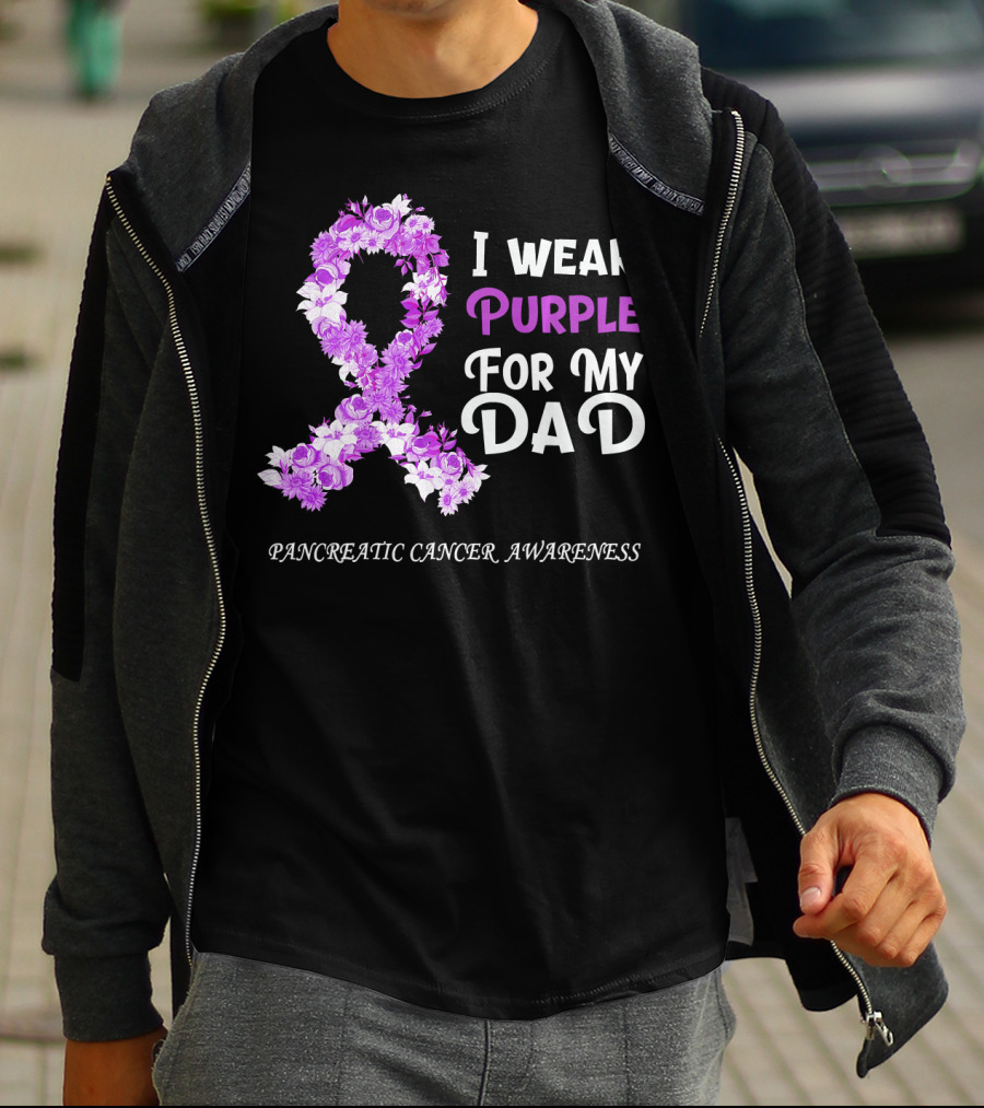 I Wear Purple For My Dad Pancreatic Cancer Awareness Flower T-Shirt