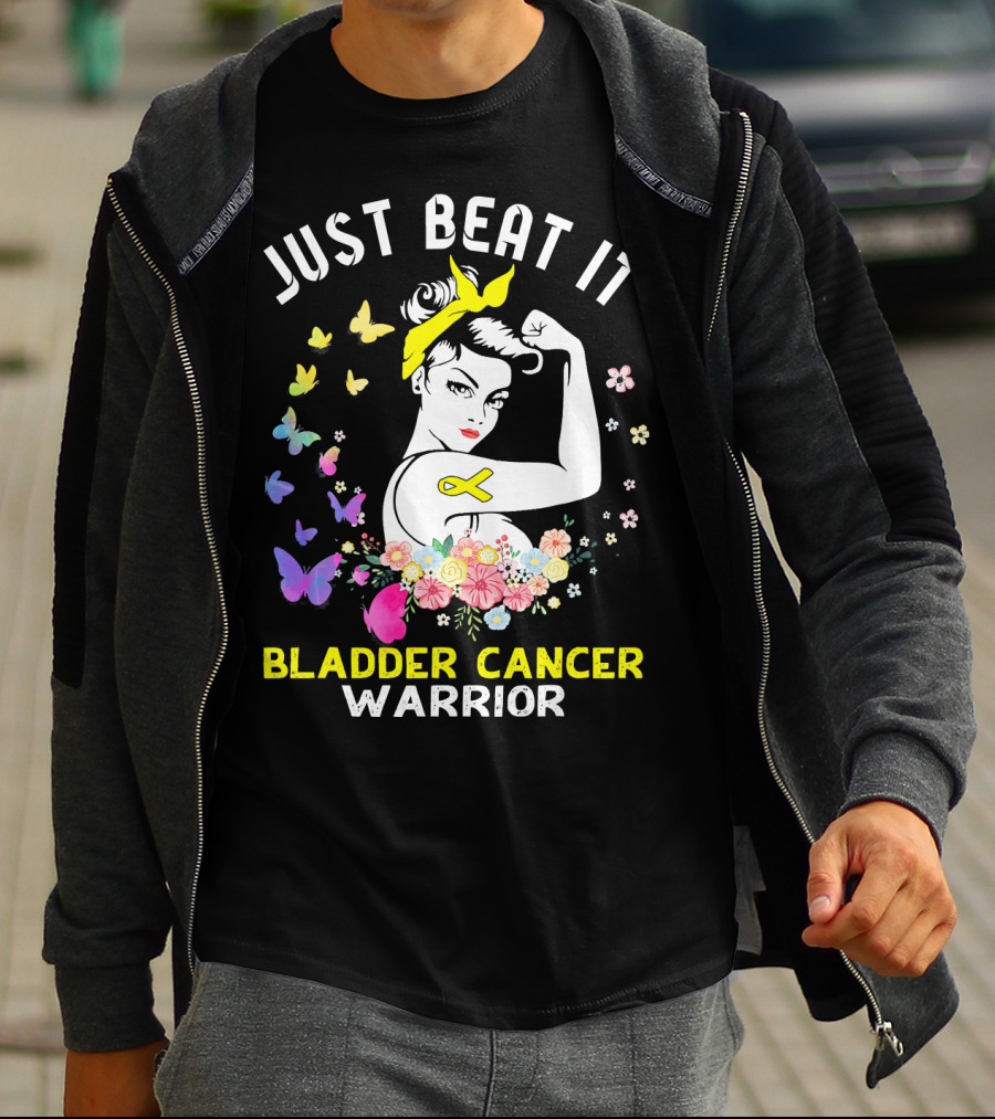 Just Beat It Bladder Cancer Warrior Butterfly Ribbon Floral Fighter T-Shirt