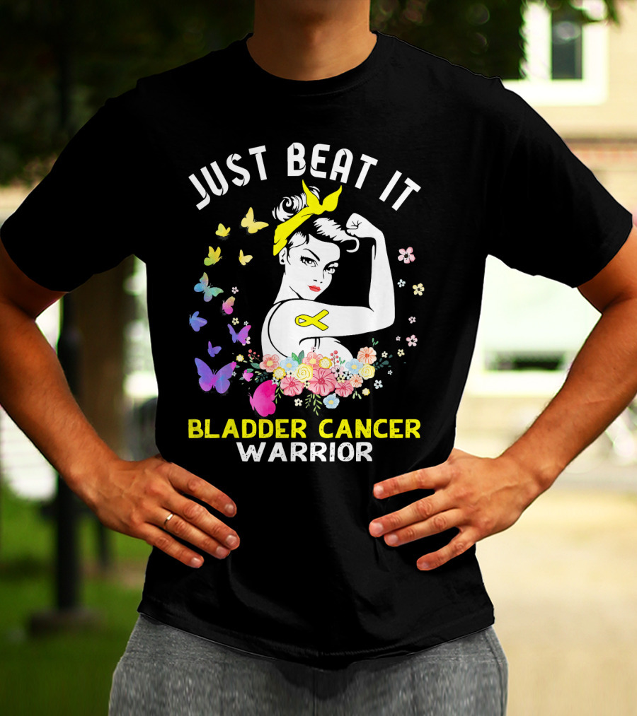 Just Beat It Bladder Cancer Warrior Butterfly Ribbon Floral Fighter T-Shirt