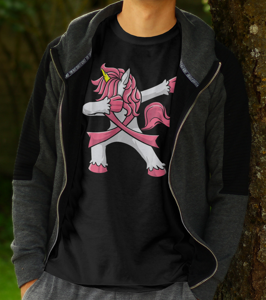 Pink Ribbon Dabbing Unicorn Breast Cancer Awareness T-Shirt