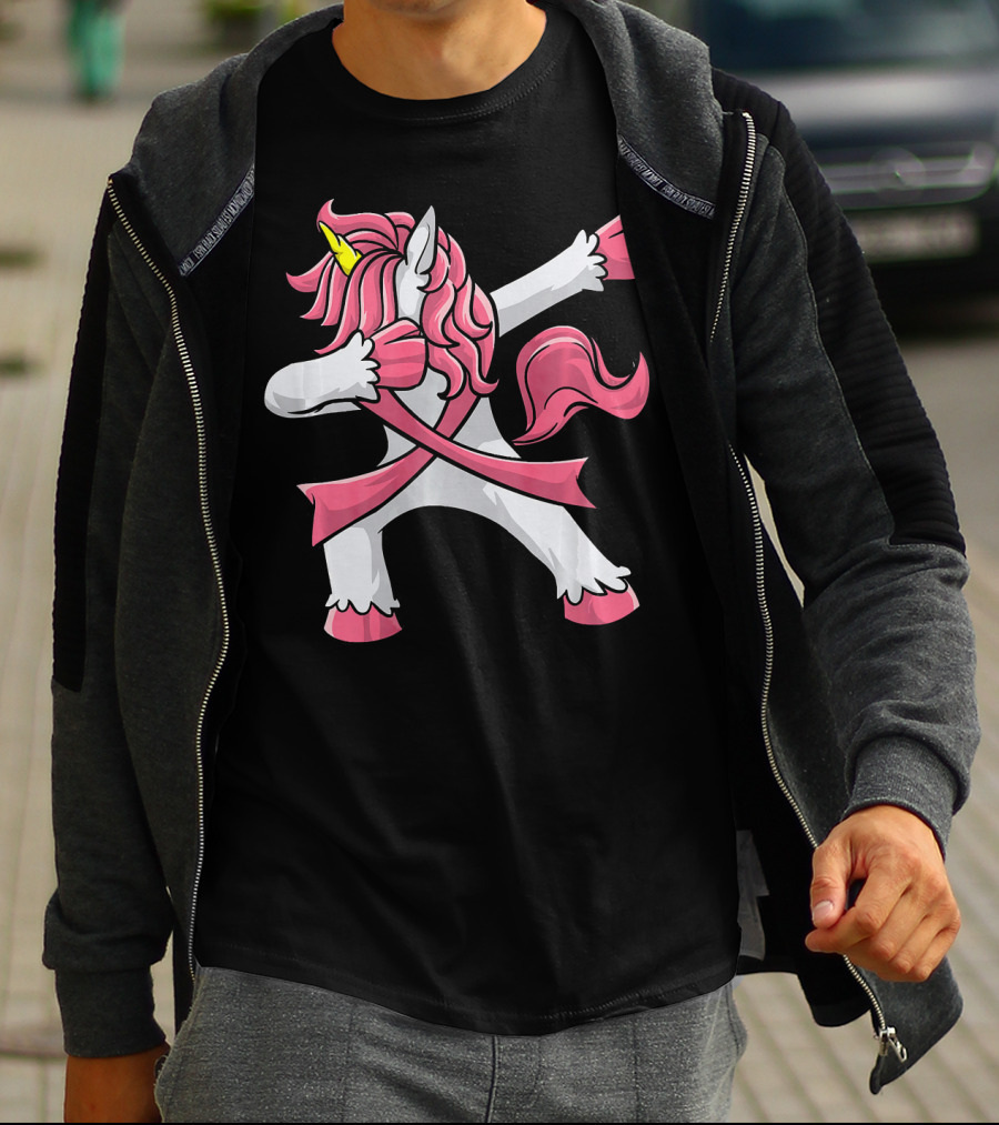 Pink Ribbon Dabbing Unicorn Breast Cancer Awareness T-Shirt