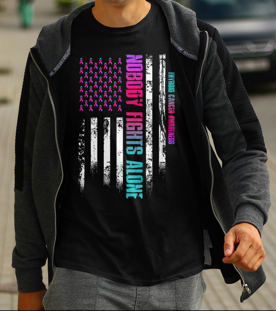 Nobody Fights Alone USA Flag Thyroid Cancer Awareness T-Shirt