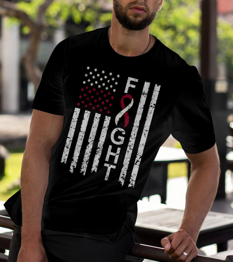 Head And Neck Cancer Awareness Fight Ribbon American Flag T-Shirt