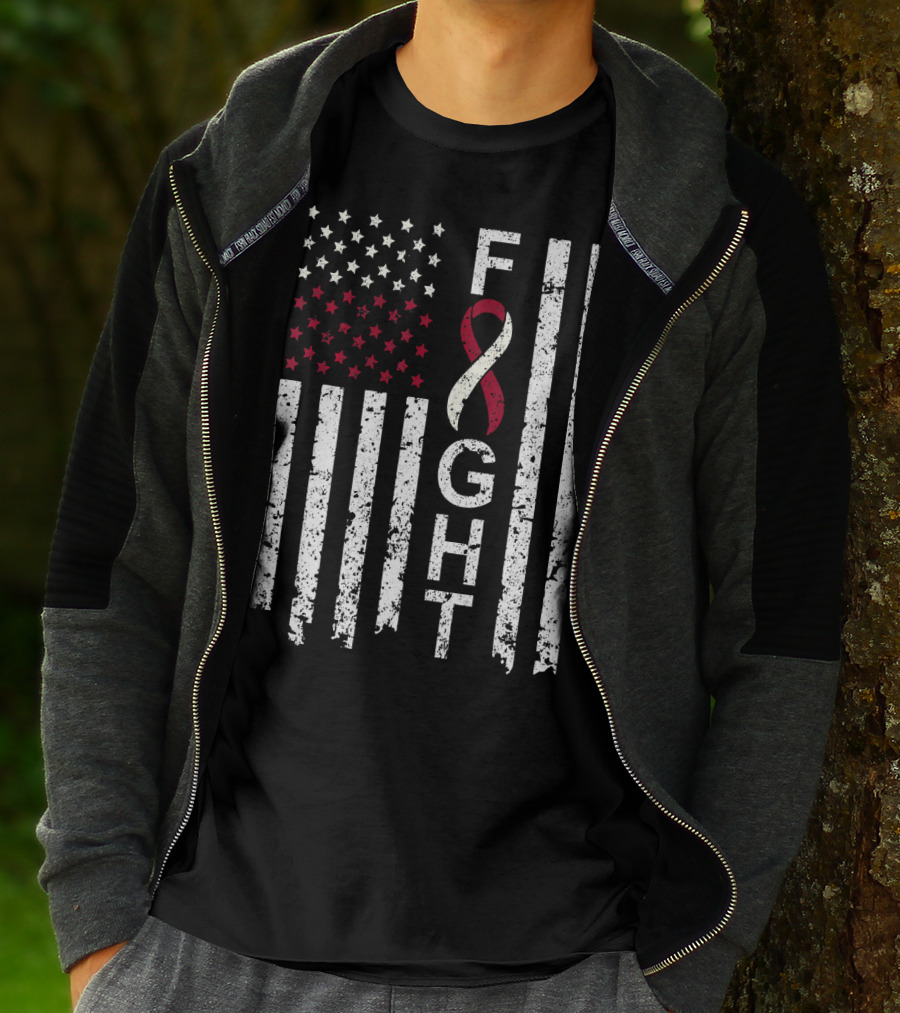 Head And Neck Cancer Awareness Fight Ribbon American Flag T-Shirt