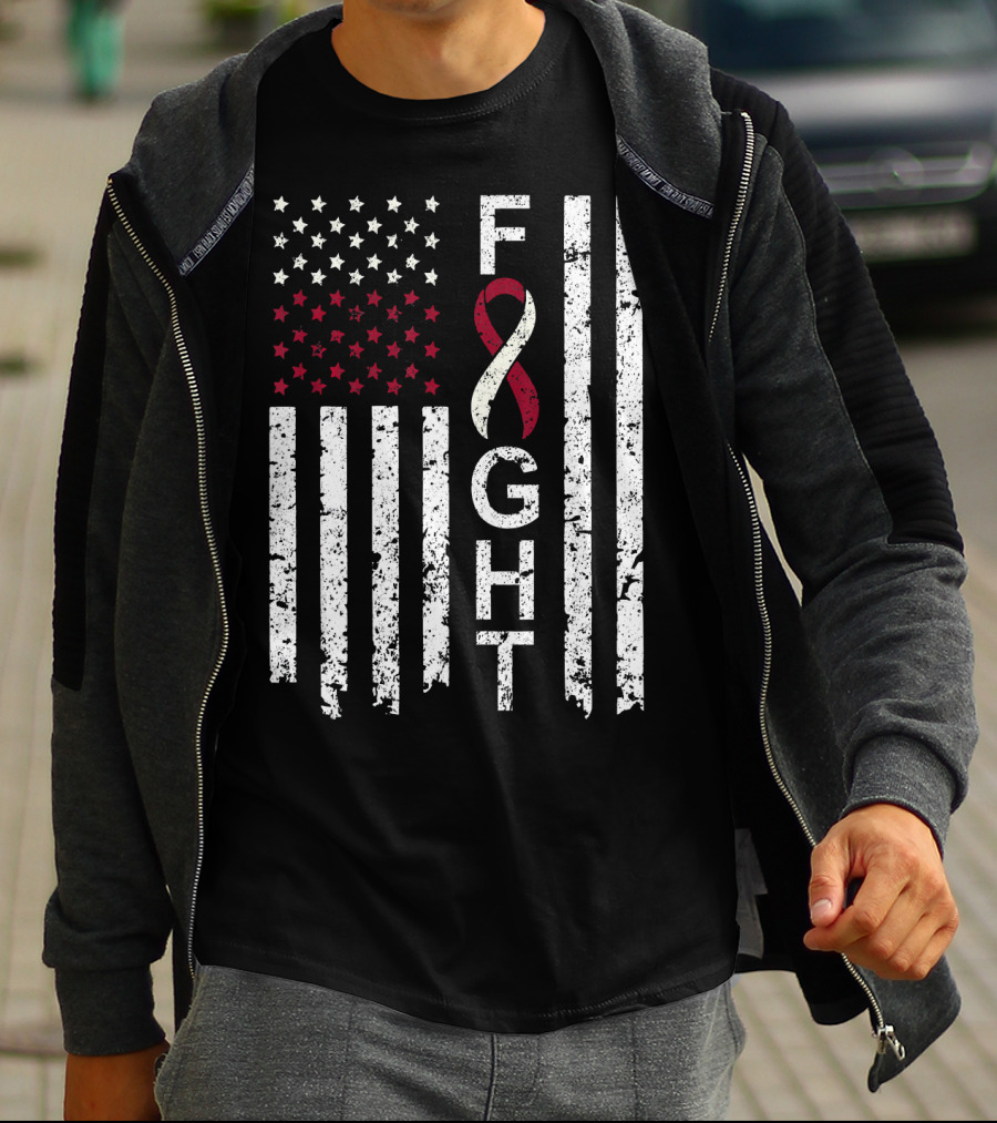 Head And Neck Cancer Awareness Fight Ribbon American Flag T-Shirt