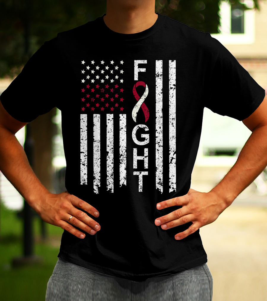 Head And Neck Cancer Awareness Fight Ribbon American Flag T-Shirt