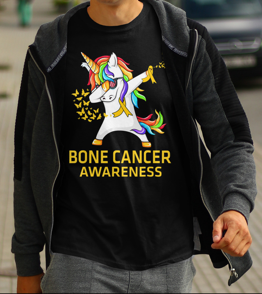 Bone Cancer Awareness Unicorn Dab With Yellow Ribbon Butterflies T-Shirt