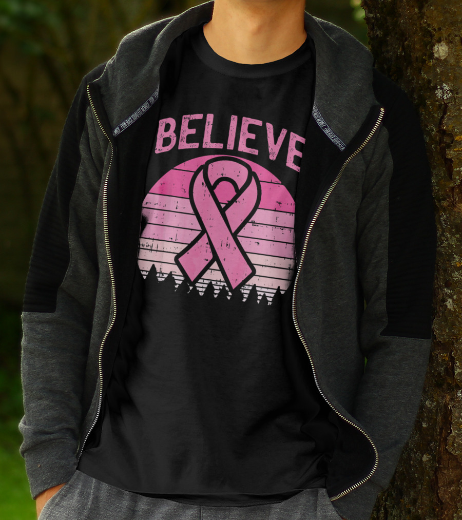 Believe Retro Sunset Pink Ribbon Breast Cancer Awareness T-Shirt