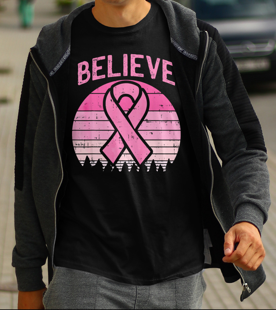 Believe Retro Sunset Pink Ribbon Breast Cancer Awareness T-Shirt