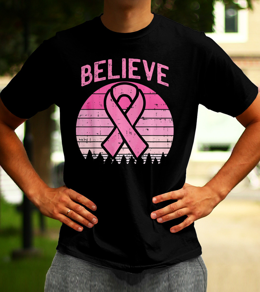 Believe Retro Sunset Pink Ribbon Breast Cancer Awareness T-Shirt