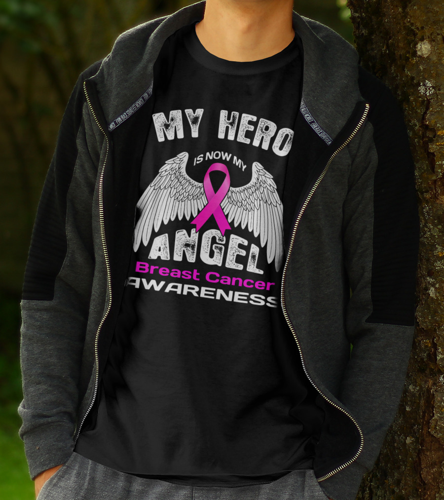 MY HERO IS NOW MY ANGEL Breast Cancer Awareness T-Shirt