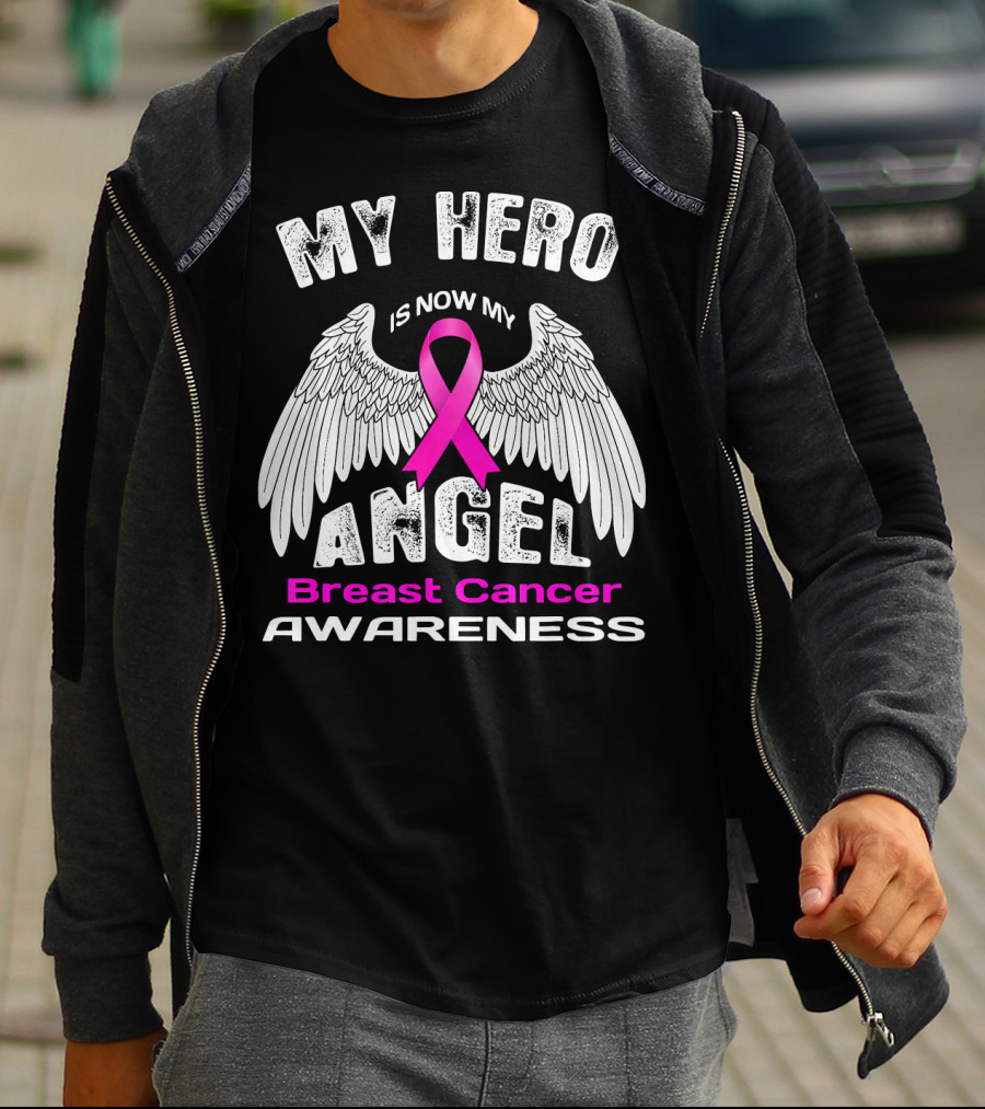 MY HERO IS NOW MY ANGEL Breast Cancer Awareness T-Shirt