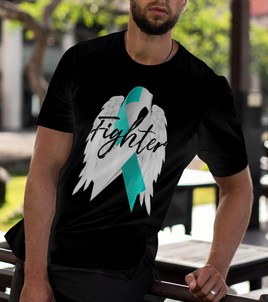 Cervical Cancer Fighter Teal Ribbon With Angel Wings T-Shirt