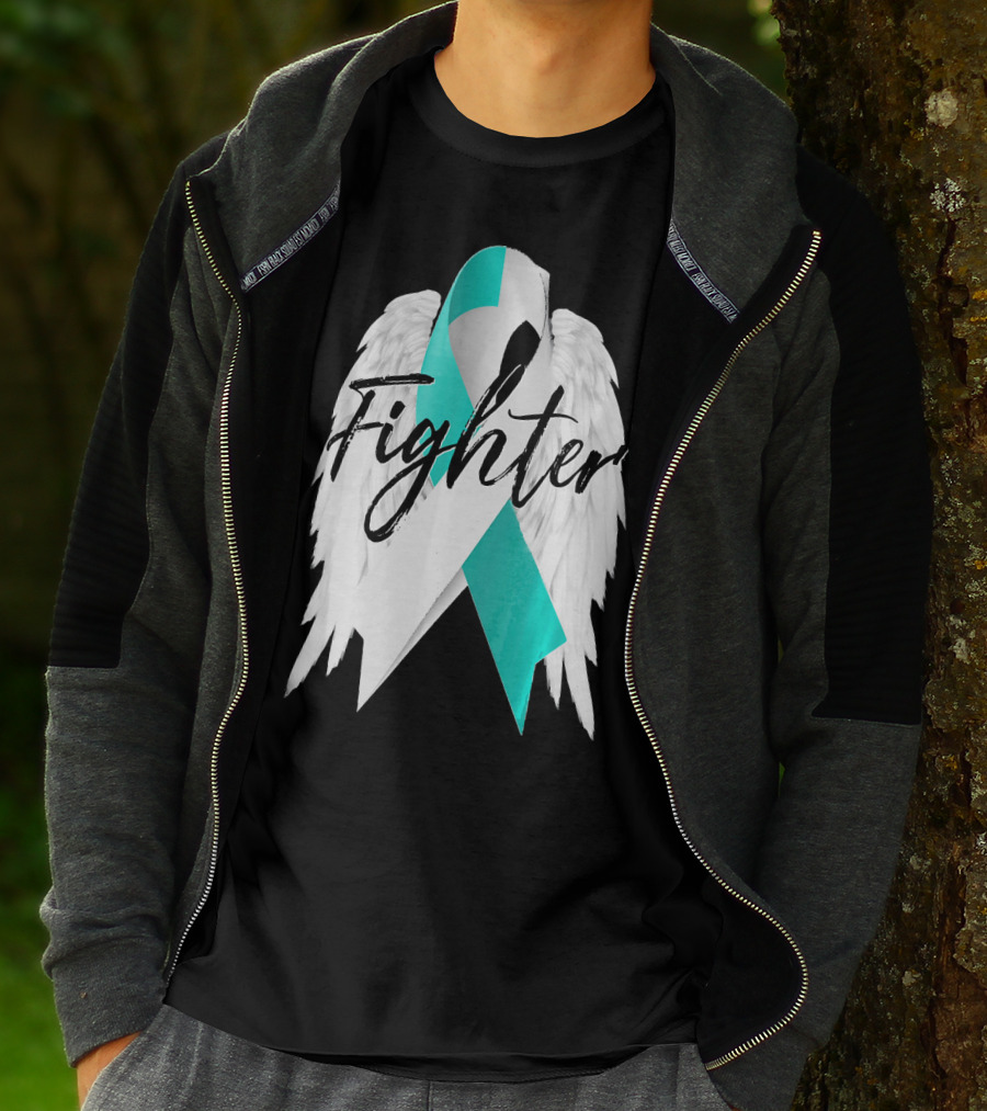 Cervical Cancer Fighter Teal Ribbon With Angel Wings T-Shirt