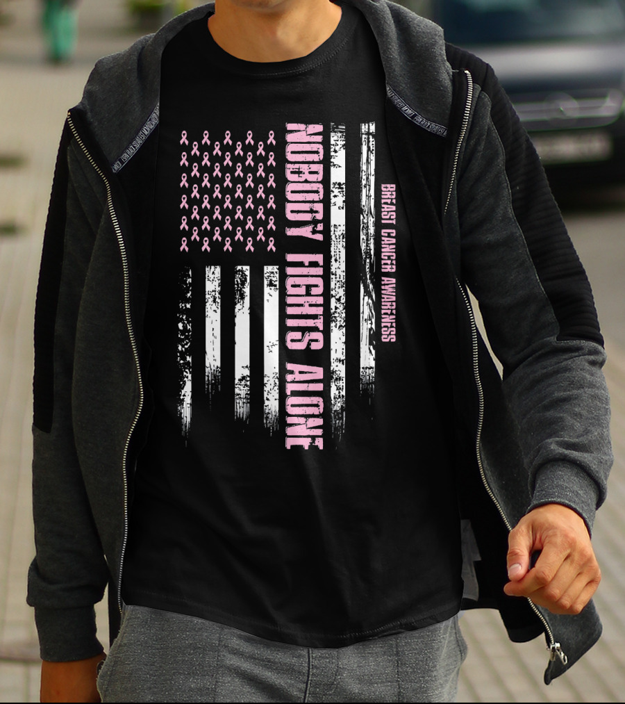 Nobody Fights Alone Breast Cancer Awareness USA Flag T-Shirt