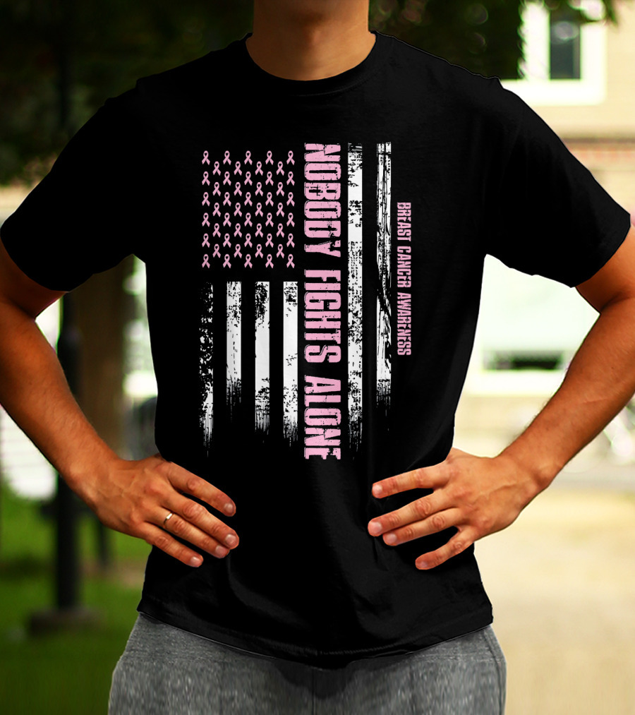 Nobody Fights Alone Breast Cancer Awareness USA Flag T-Shirt