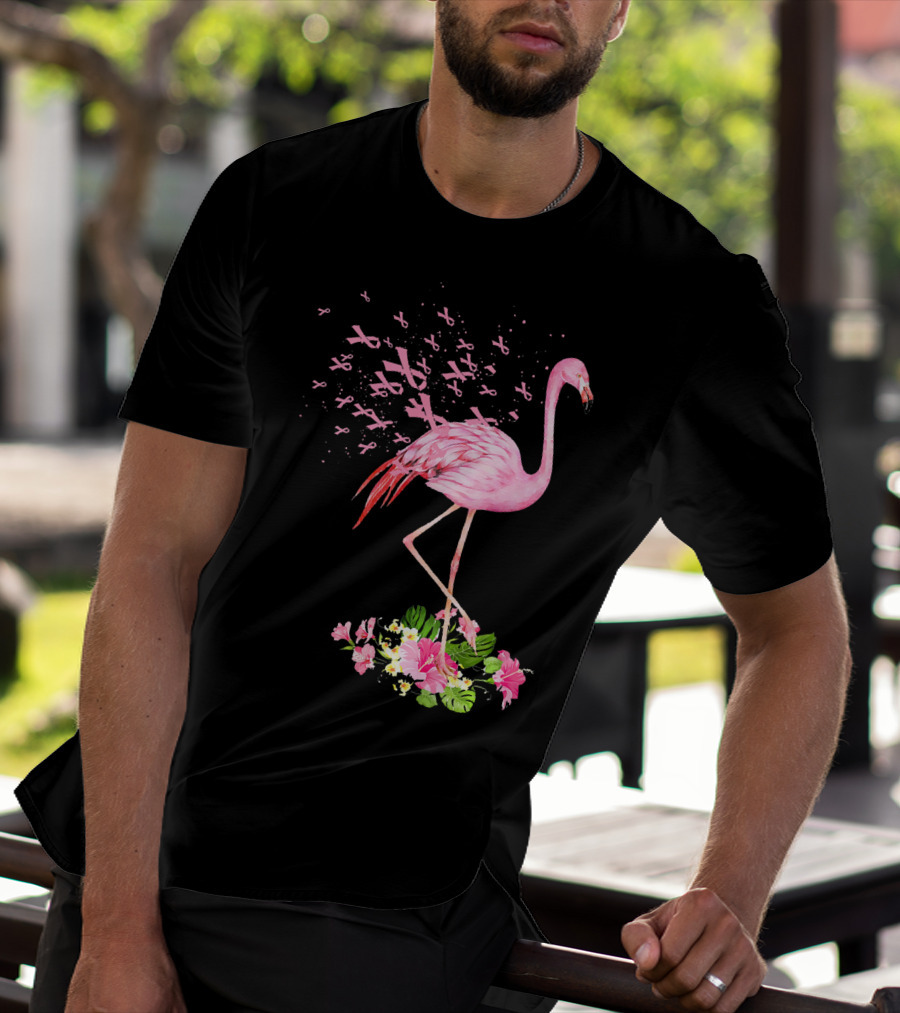 Flamingo With Pink Breast Cancer Ribbons And Floral Accents T-Shirt