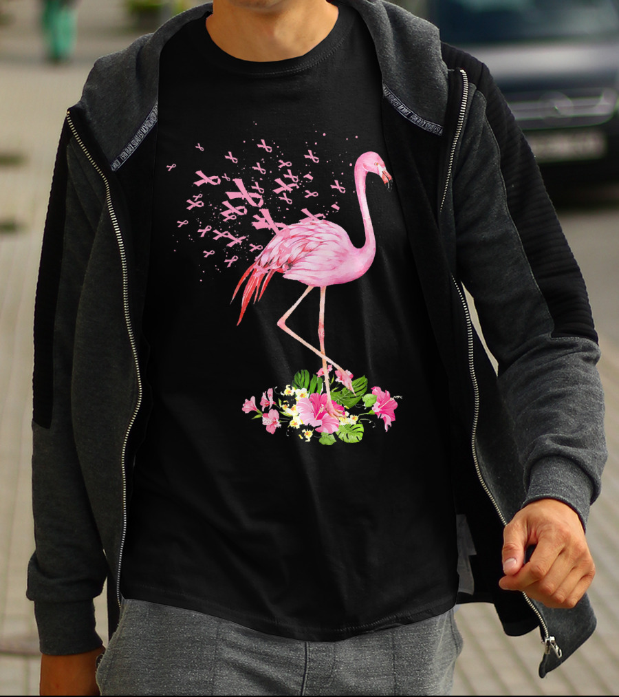 Flamingo With Pink Breast Cancer Ribbons And Floral Accents T-Shirt